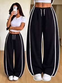 SHEIN Sparklyn Classic Casual Baggy Cargo Pants, Fall, Spring/Autumn, Double Waistband, Simple Comfortable Sweatshirt Fabric, Streetwear Sports Work Black - Black - View 3