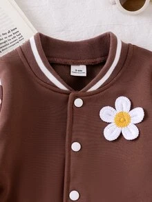SHEIN Playful Pals 幼兒女嬰可愛棕色奶油色花朵貼布花卉印花條紋羅紋長袖棒球領大學夾克 生日 運動 秋季 公主風 - 棕色 - 查看 7
