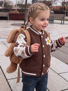 SHEIN Playful Pals 幼兒女嬰可愛棕色奶油色花朵貼布花卉印花條紋羅紋長袖棒球領大學夾克 生日 運動 秋季 公主風 - 棕色 - 查看 1