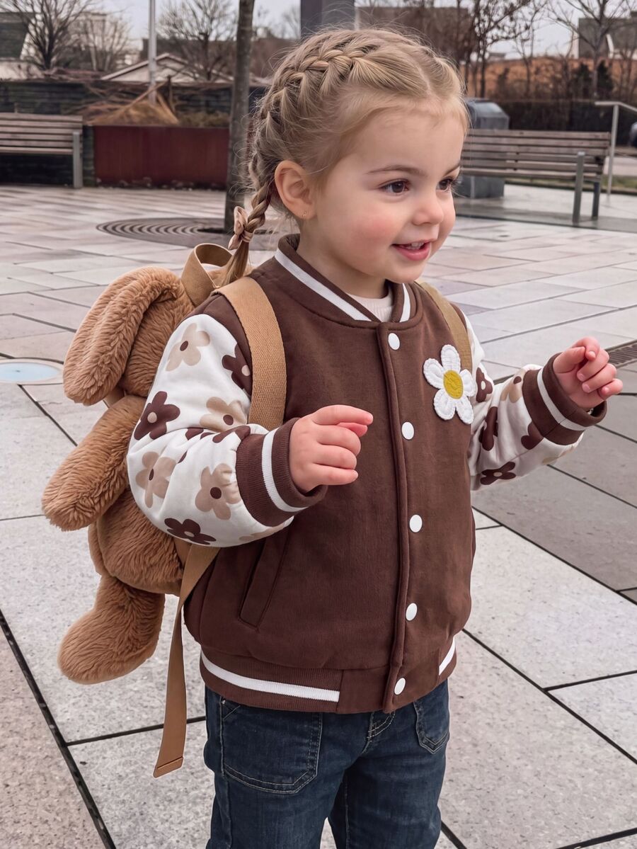 SHEIN Playful Pals 幼兒女嬰可愛棕色奶油色花朵貼布花卉印花條紋羅紋長袖棒球領大學夾克 生日 運動 秋季 公主風 - 棕色 - 查看 1