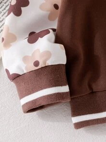 SHEIN Playful Pals 幼兒女嬰可愛棕色奶油色花朵貼布花卉印花條紋羅紋長袖棒球領大學夾克 生日 運動 秋季 公主風 - 棕色 - 查看 9