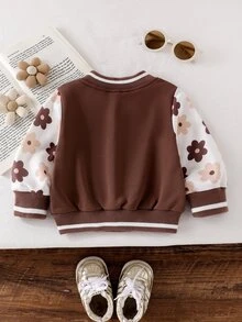 SHEIN Playful Pals 幼兒女嬰可愛棕色奶油色花朵貼布花卉印花條紋羅紋長袖棒球領大學夾克 生日 運動 秋季 公主風 - 棕色 - 查看 2