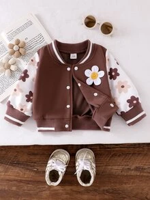 SHEIN Playful Pals 幼兒女嬰可愛棕色奶油色花朵貼布花卉印花條紋羅紋長袖棒球領大學夾克 生日 運動 秋季 公主風 - 棕色 - 查看 5