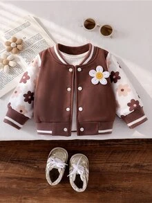 SHEIN Playful Pals 幼兒女嬰可愛棕色奶油色花朵貼布花卉印花條紋羅紋長袖棒球領大學夾克 生日 運動 秋季 公主風 - 棕色 - 查看 3