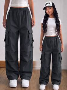 SHEIN Sparklyn Teen Girl Fall Casual Versatile Elastic Waist Cargo Pants For Weekend Outings, Holiday - Dark Grey - View 1