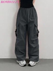 SHEIN Sparklyn Teen Girl Fall Casual Versatile Elastic Waist Cargo Pants For Weekend Outings, Holiday - Dark Grey - View 5