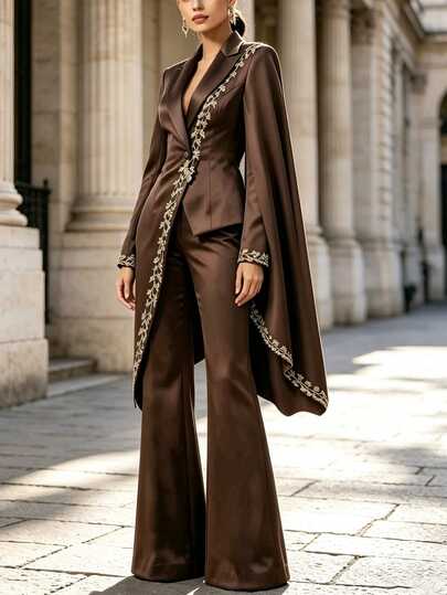 SHEIN طقم بدلة نسائي أنيق بطراز فينتاج للحفلات والتجمعات، بليزر بياقة كيب غير متماثلة مع تطريز دانتيل ذهبي ثقيل، بنطال واسع الساق، طقم من قطعتين بأسلوب سيدة راقية للمناسبات والعمل اليومي