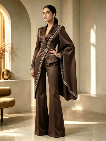 SHEIN Women's Elegant Vintage Party Gathering Heavy Gold Lace Embroidery Asymmetric Cape Collar Blazer Suit Set, Sophisticated Lady Style Banquet Commute Flare Pants Two Pieces Suit Set