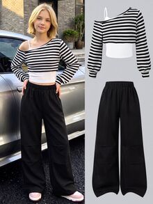 SHEIN 3pcs/Set Girls' Bowknot Camisole Top, Autumn Outfits, Asymmetric Shoulder Hollow Out Cover-Up School Student Black And White Casual 80s Band - Black - View 1