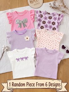 SHEIN Random 1 Pc Baby Girl Sweet Cute Fruit Floral Heart Pattern Printed Flutter Sleeve Top Suitable For Summer Casual Minimalist Daily Wear Holiday Pink - Pink - View 3