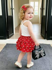 SHEIN Playful Pals 2026夏季新款女童紅白色圓點蛋糕裙套裝，交叉肩帶設計甜美清爽風，2件套韓式優雅度假公主裙 - 紅白色 - 查看 5