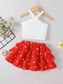 SHEIN Playful Pals 2026夏季新款女童紅白色圓點蛋糕裙套裝，交叉肩帶設計甜美清爽風，2件套韓式優雅度假公主裙 - 紅白色 - 查看 2
