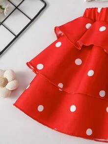 SHEIN Playful Pals 2026夏季新款女童紅白色圓點蛋糕裙套裝，交叉肩帶設計甜美清爽風，2件套韓式優雅度假公主裙 - 紅白色 - 查看 8