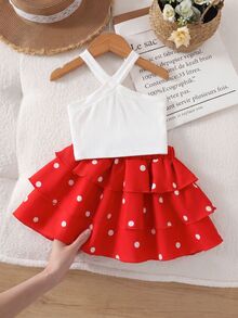 SHEIN Playful Pals 2026夏季新款女童紅白色圓點蛋糕裙套裝，交叉肩帶設計甜美清爽風，2件套韓式優雅度假公主裙 - 紅白色 - 查看 3
