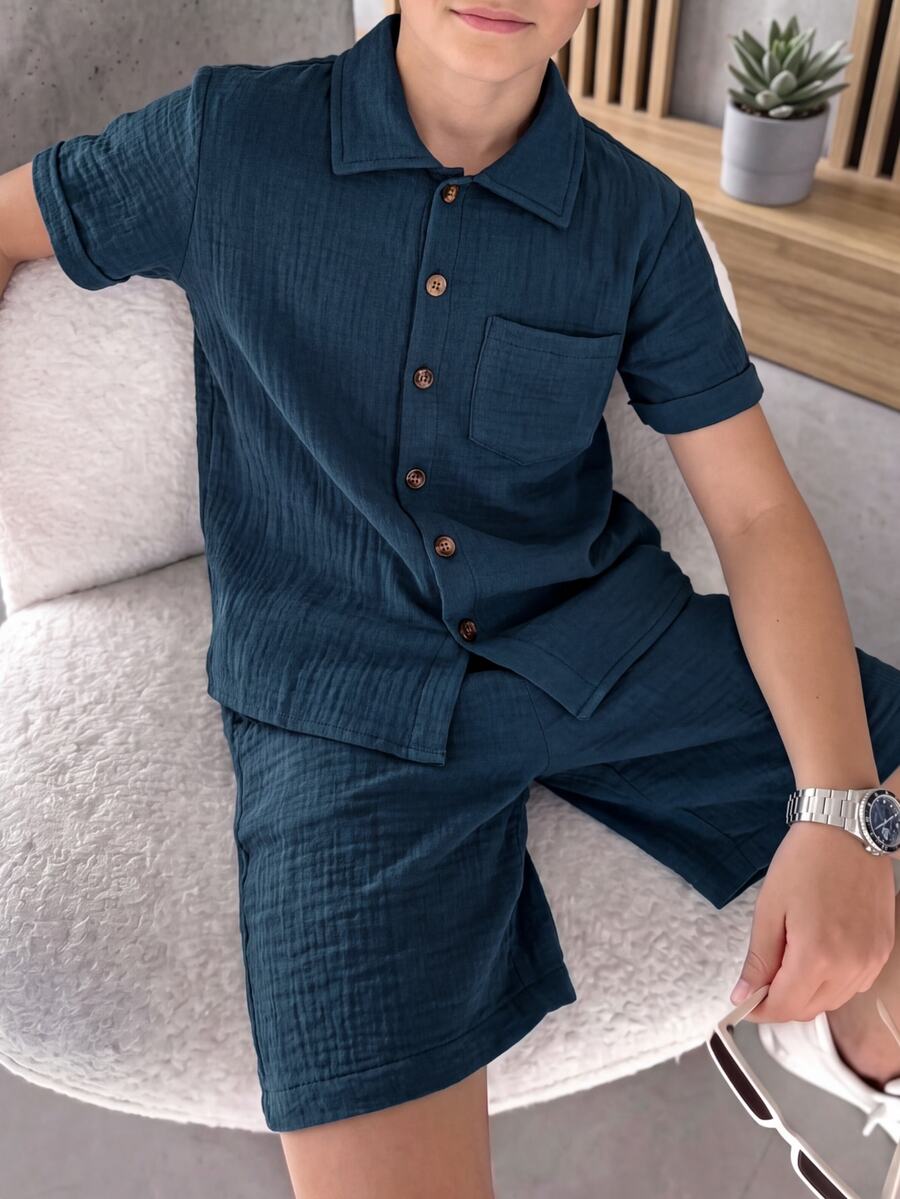 SHEIN Mirajuku 3-Piece Tween Boy Knit Textured Vertical Teal Blue Short Sleeve Shirt And Matching Casual Baggy Shorts Set, Multi-Color Patchwork Stripe Design Summer - Navy Blue - View 1