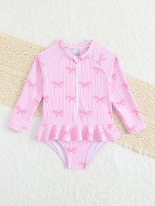 Young Girls Bowknot And Striped Print Zipper Long Sleeve One-Piece Swimsuit Young Girls Swimsuits Swim Suits Suit For Summer Holiday - Multicolor - View 5