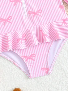 Young Girls Bowknot And Striped Print Zipper Long Sleeve One-Piece Swimsuit Young Girls Swimsuits Swim Suits Suit For Summer Holiday - Multicolor - View 7