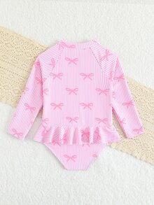 Young Girls Bowknot And Striped Print Zipper Long Sleeve One-Piece Swimsuit Young Girls Swimsuits Swim Suits Suit For Summer Holiday - Multicolor - View 3