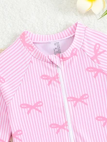 Young Girls Bowknot And Striped Print Zipper Long Sleeve One-Piece Swimsuit Young Girls Swimsuits Swim Suits Suit For Summer Holiday - Multicolor - View 6