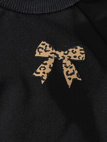 Elladie kids Little Girls Leopard Bow‑Decor 2Pcs Tracksuit Long Sleeve Crew Neck Crop Sweatshirt Side Stripe Wide Leg Trousers Outfit Back To School Clothes Girls - Black - View 7