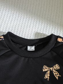 Elladie kids Little Girls Leopard Bow‑Decor 2Pcs Tracksuit Long Sleeve Crew Neck Crop Sweatshirt Side Stripe Wide Leg Trousers Outfit Back To School Clothes Girls - Black - View 8