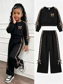 Elladie kids Little Girls Leopard Bow‑Decor 2Pcs Tracksuit Long Sleeve Crew Neck Crop Sweatshirt Side Stripe Wide Leg Trousers Outfit Back To School Clothes Girls - Black - View 2
