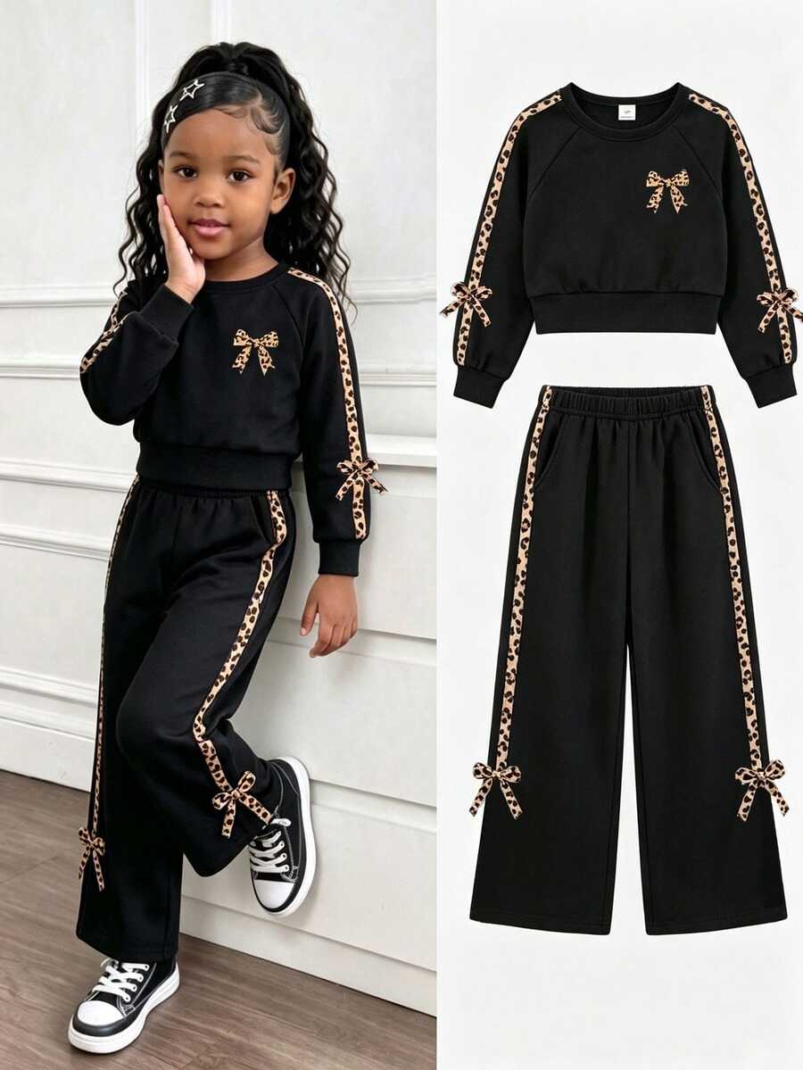Elladie kids Little Girls Leopard Bow‑Decor 2Pcs Tracksuit Long Sleeve Crew Neck Crop Sweatshirt Side Stripe Wide Leg Trousers Outfit Back To School Clothes Girls