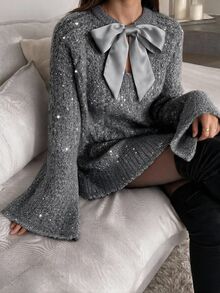 Briarwyn Women's Solid Color Knot Neck Design Long Sleeve Fashion Sweater - Grey - View 2