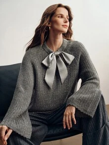 Briarwyn Women's Solid Color Knot Neck Design Long Sleeve Fashion Sweater - Grey - View 8