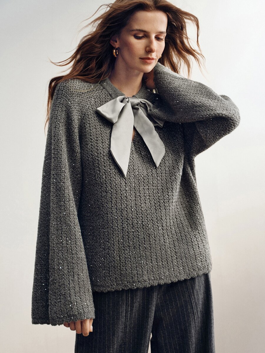 Briarwyn Women's Solid Color Knot Neck Design Long Sleeve Fashion Sweater - Grey - View 1