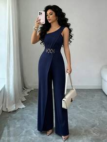 Elenzga Women's Solid Color Casual Everyday Wear Jumpsuit - Navy Blue - View 4
