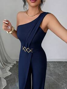 Elenzga Women's Solid Color Casual Everyday Wear Jumpsuit - Navy Blue - View 5