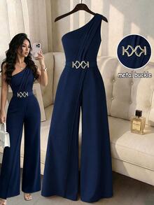 Elenzga Women's Solid Color Casual Everyday Wear Jumpsuit - Navy Blue - View 1