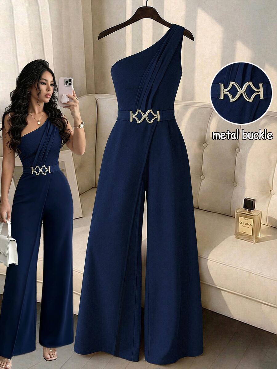 Elenzga Women's Solid Color Casual Everyday Wear Jumpsuit - Navy Blue - View 1