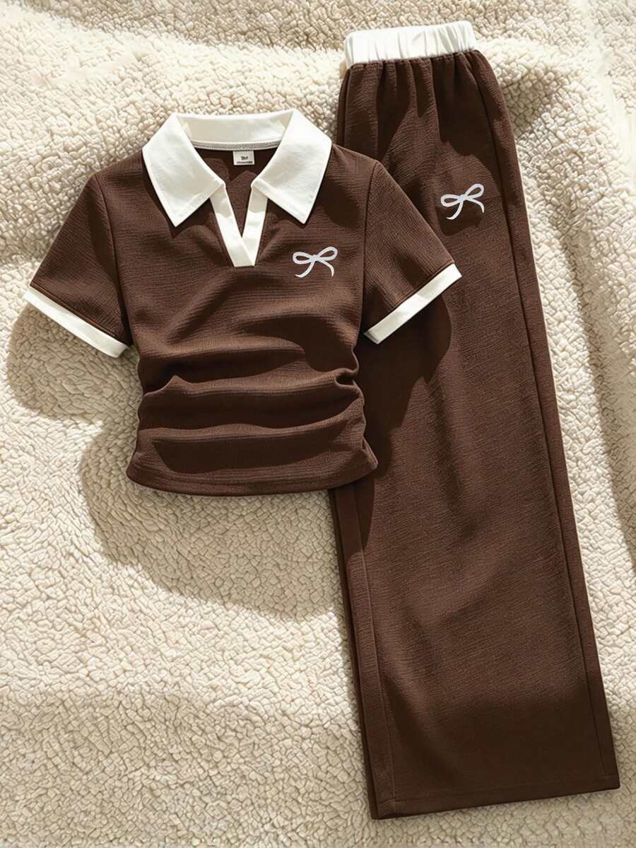 SHEIN 2件組青少年女孩套裝,翻領半鈕扣短袖T恤上衣搭配蝴蝶結圖案,寬鬆寬腿長褲,2件套 - 棕色 - 查看 1