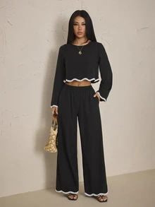 SHEIN PETITE طقم نسائي من قطعتين: ملابس علوية مزينة بالدانتيل وبنطلون فضفاض - الأسود - مشاهدة 8