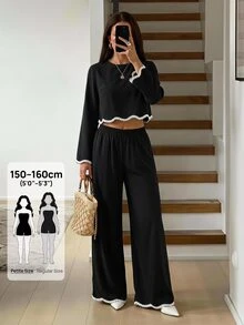 SHEIN PETITE طقم نسائي من قطعتين: ملابس علوية مزينة بالدانتيل وبنطلون فضفاض - الأسود - مشاهدة 5