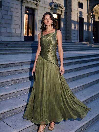 Anewsta Women's Ruched Fitted Waist A-Line Shiny Elegant Casual Party Holiday Festival Spaghetti Strap Dress Wedding Guest Luxury Evening Gown
