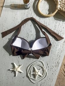 Swim Basics 夏季海灘扭結式聚攏胸型掛脖比基尼上衣 - 棕色 - 查看 4
