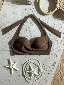 Swim Basics 夏季海灘扭結式聚攏胸型掛脖比基尼上衣 - 棕色 - 查看 2