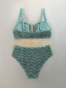 SHEIN Swim 2026 Spring/Summer Green Textured Thick Strap Adjustable High Waist U-Shape Decor Bikini Two Pieces Swimwear, Elastic Fabric For Vacation - Army Green - View 6