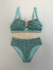 SHEIN Swim 2026 Spring/Summer Green Textured Thick Strap Adjustable High Waist U-Shape Decor Bikini Two Pieces Swimwear, Elastic Fabric For Vacation - Army Green - View 2