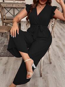 EMERY ROSE 加上荷葉邊配帶闊腳連身褲 - 黑色 - 查看 3