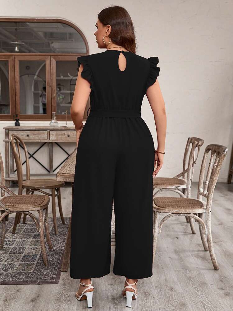 EMERY ROSE Plus Ruffle Trim Belted Wide Leg Jumpsuit - Black - View 2