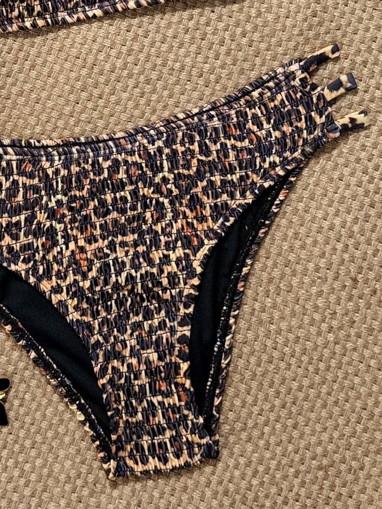 SHEIN Swim Women's Leopard Print Bikini Set, Halter Backless Bandeau Swimwear, 2 Pieces High Cut Swimwear, Black, Summer, Casual, Beach, Holiday, Vacation, Holiday - Multicolor - View 4