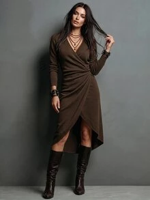 LUMIGAL Heathered Wrap Midi Dress V‑Neck Long Sleeve Ruched Waist Irregular Hem Elegant Women Knit Dress - Brown - View 5