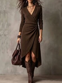 LUMIGAL Heathered Wrap Midi Dress V‑Neck Long Sleeve Ruched Waist Irregular Hem Elegant Women Knit Dress - Brown - View 1