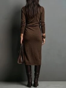 LUMIGAL Heathered Wrap Midi Dress V‑Neck Long Sleeve Ruched Waist Irregular Hem Elegant Women Knit Dress - Brown - View 2