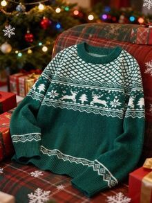 Manfinity Homme Christmas Tree Snowflakes Men's Autumn/Winter Pullover Long Sleeve Crew Neck Knit Sweater , Warm Family Atmosphere Parent-Child Couple Outfit - Dark Green - View 2