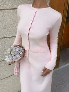 Autumina 2pcs Women Casual Solid Color Long Sleeve Single-Breasted Knitted Cardigan And Knitted Skirt Set, Autumn - Pink - View 6